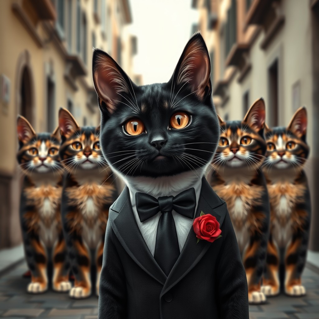 A super realistic yet adorable depiction of a sleek black and white cat dressed in a sharp black suit, featuring a striking red rose in its lapel