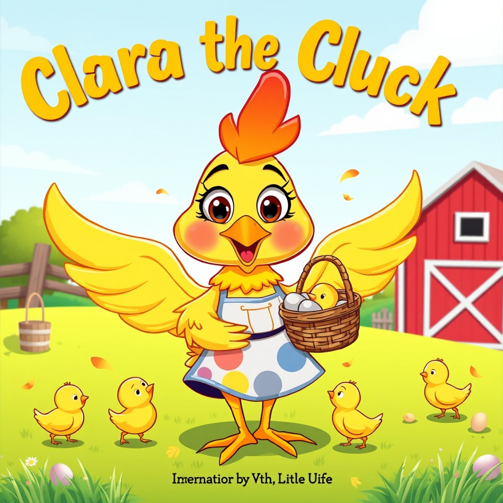 A whimsical cartoon illustration of Clara the Cluck, a cheerful, anthropomorphic chicken