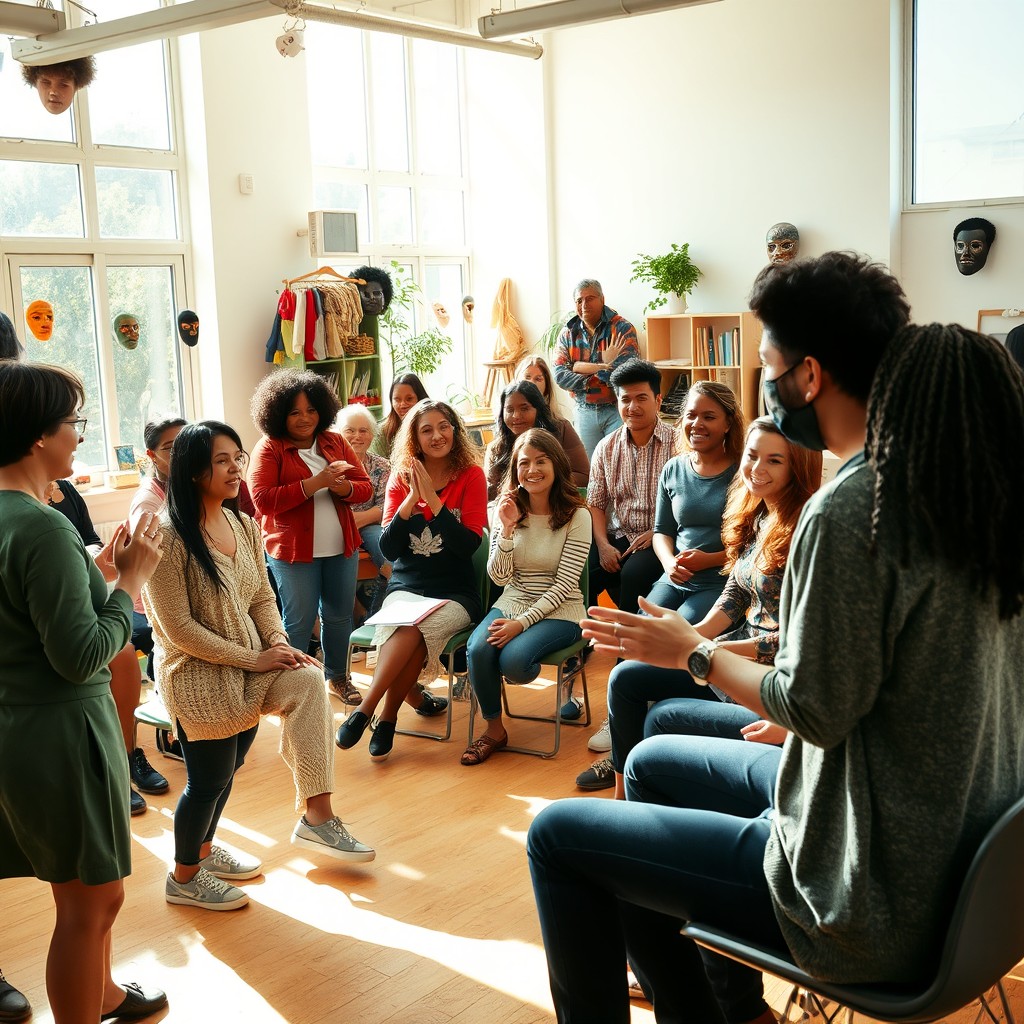 A vibrant acting workshop scene with diverse participants engaged in acting exercises