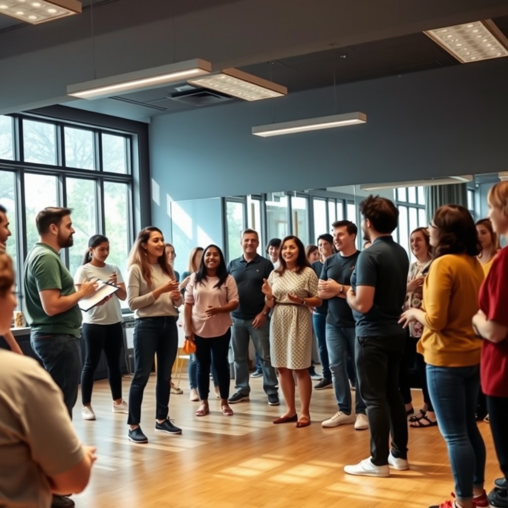A dynamic acting workshop setting where diverse actors are enthusiastically practicing various acting techniques