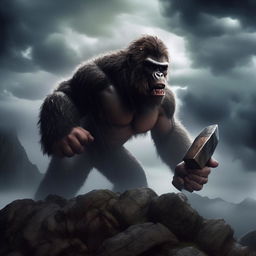 A dramatic scene featuring a young boy battling king Kong atop a mountain during a intense rainstorm. The boy wields a thunder-generating axe, with lightning illuminating the stormy, cloud-filled sky.