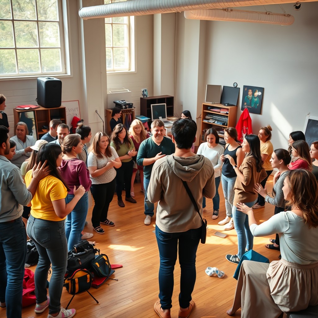 A vibrant and dynamic acting workshop scene taking place in a spacious studio