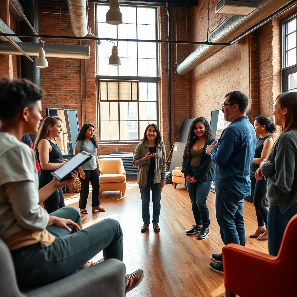 A vibrant acting training session in an urban loft studio, featuring diverse actors of various ethnicities engaged in a dynamic workshop