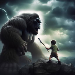 A dramatic scene featuring a young boy battling king Kong atop a mountain during a intense rainstorm. The boy wields a thunder-generating axe, with lightning illuminating the stormy, cloud-filled sky.