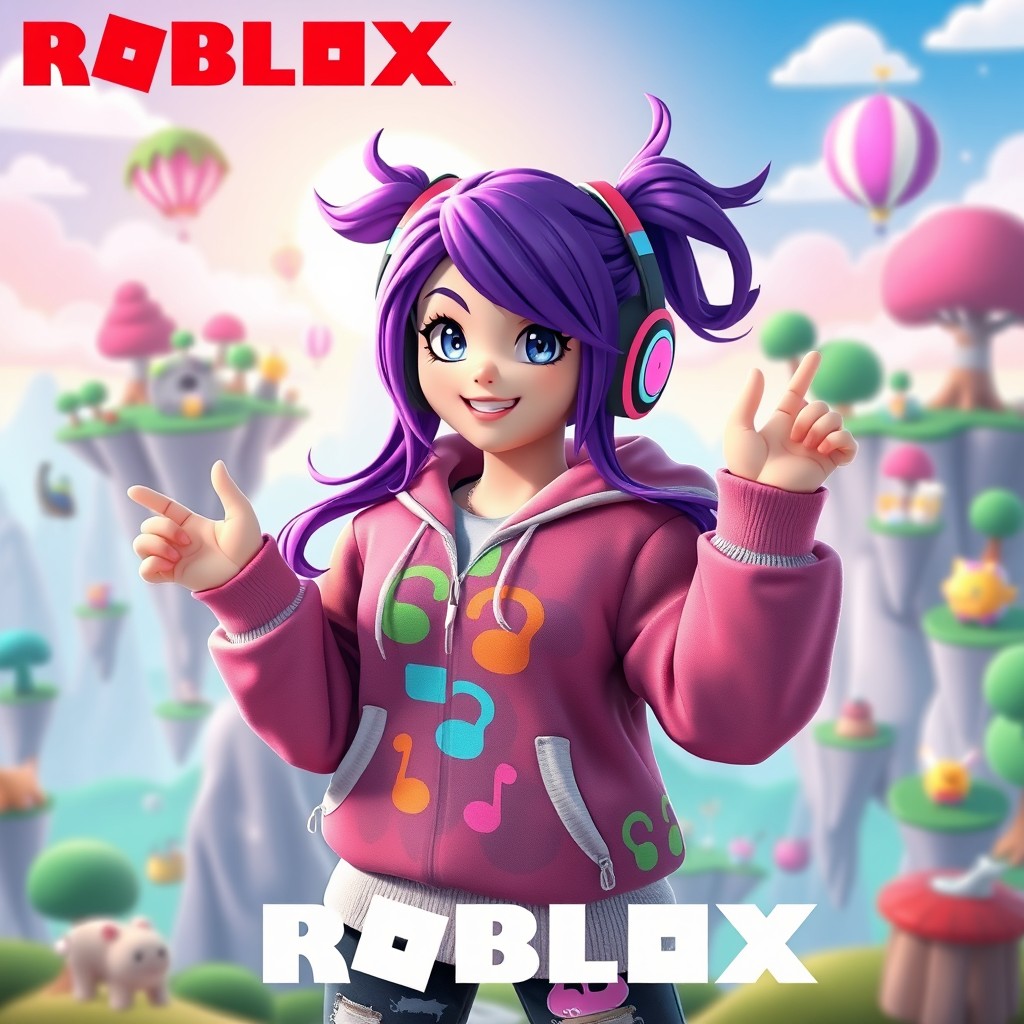 A vibrant digital scene featuring a girl character styled in the Roblox universe, with a playful and imaginative design