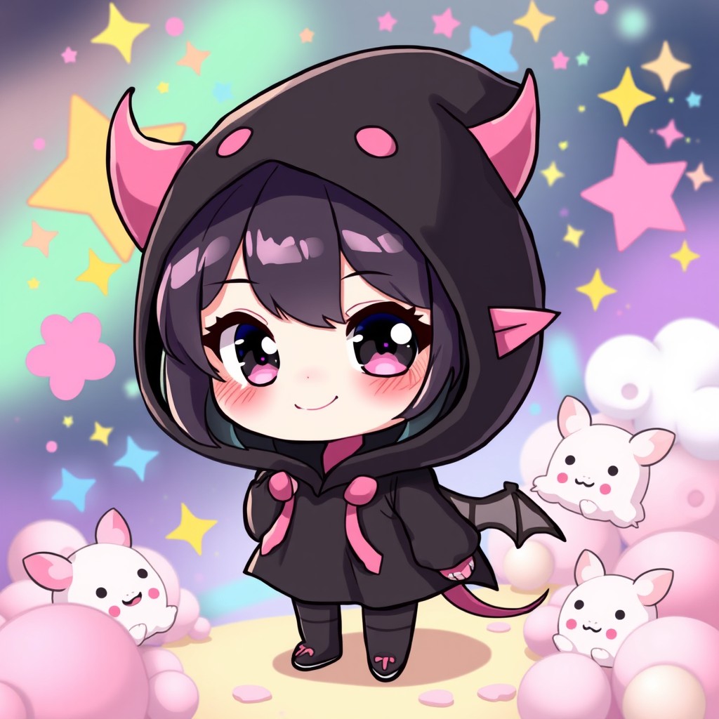 A cute, mischievous character resembling a dark, playful girl with a devilish twist