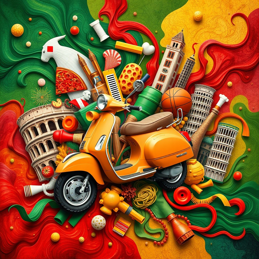 An abstract interpretation of 'Italian brainrot', blending vibrant colors and whimsical shapes inspired by Italian culture
