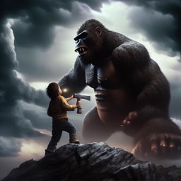 A dramatic scene featuring a young boy battling king Kong atop a mountain during a intense rainstorm. The boy wields a thunder-generating axe, with lightning illuminating the stormy, cloud-filled sky.