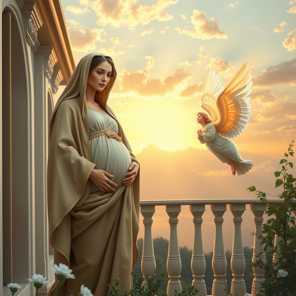 A serene and picturesque scene of Mary, visibly pregnant, standing on a balcony with a gentle expression on her face
