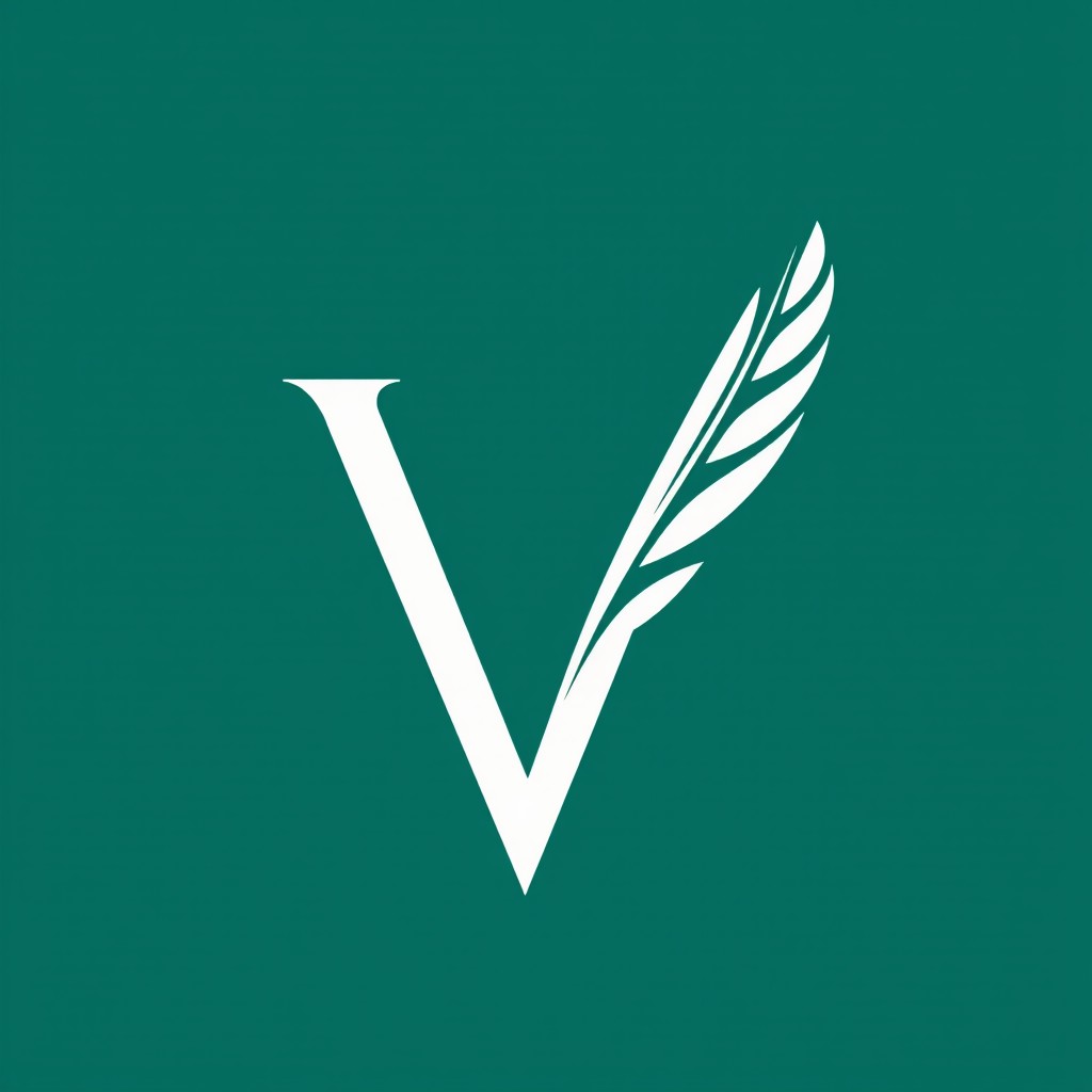 A stylish logo featuring the letter 'V' on an emerald green background
