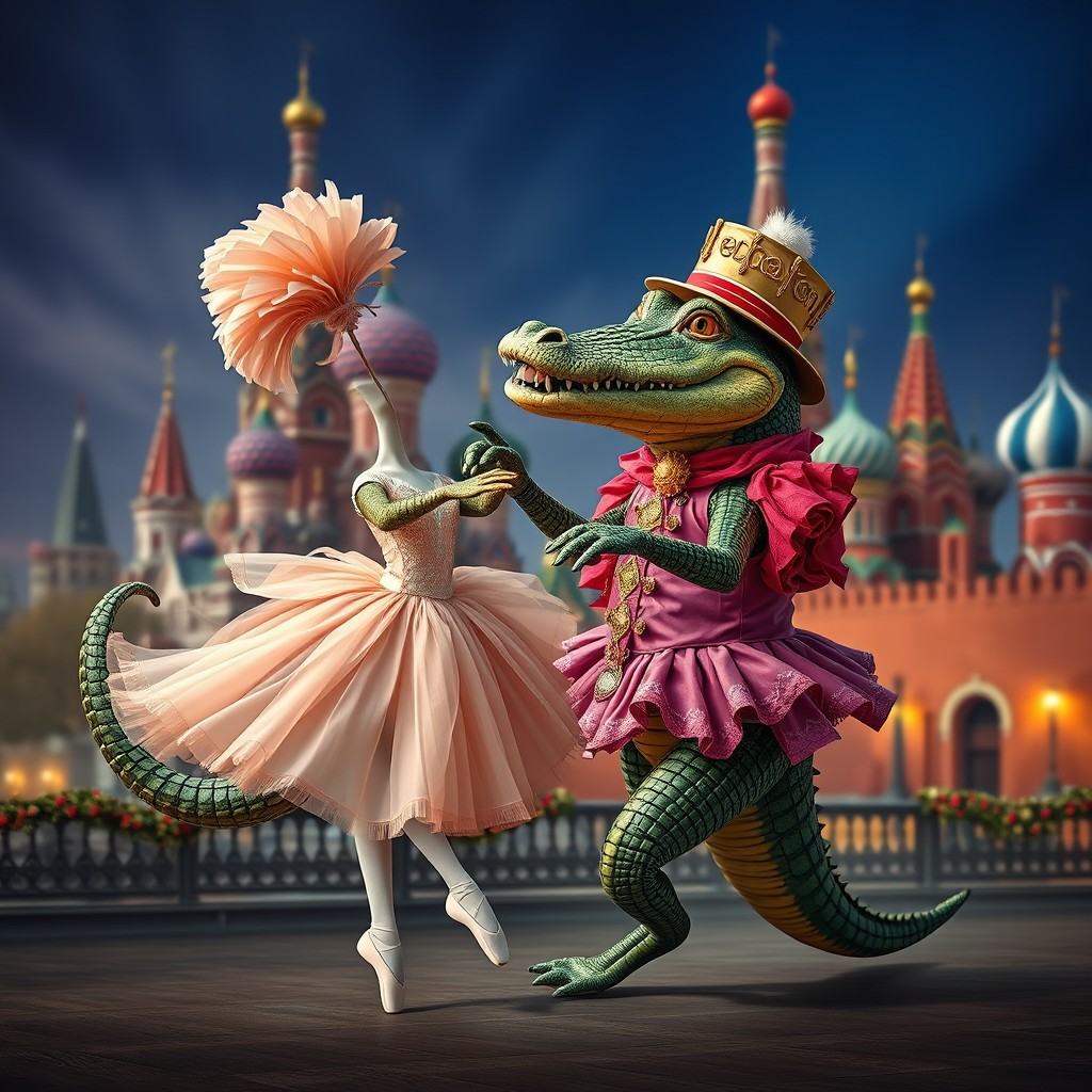 A surreal and humorous scene depicting a whimsical crocodile wearing a flamboyant costume engaging in a playful dance with a ballerina