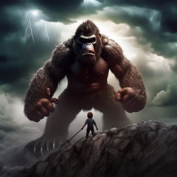 A dramatic scene featuring a young boy battling king Kong atop a mountain during a intense rainstorm. The boy wields a thunder-generating axe, with lightning illuminating the stormy, cloud-filled sky.