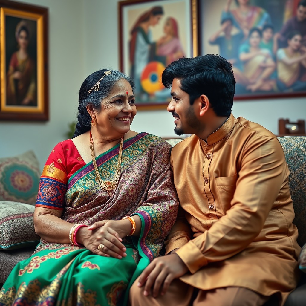 A traditional Indian scene showcasing a middle-aged mother and her son expressing deep love and affection