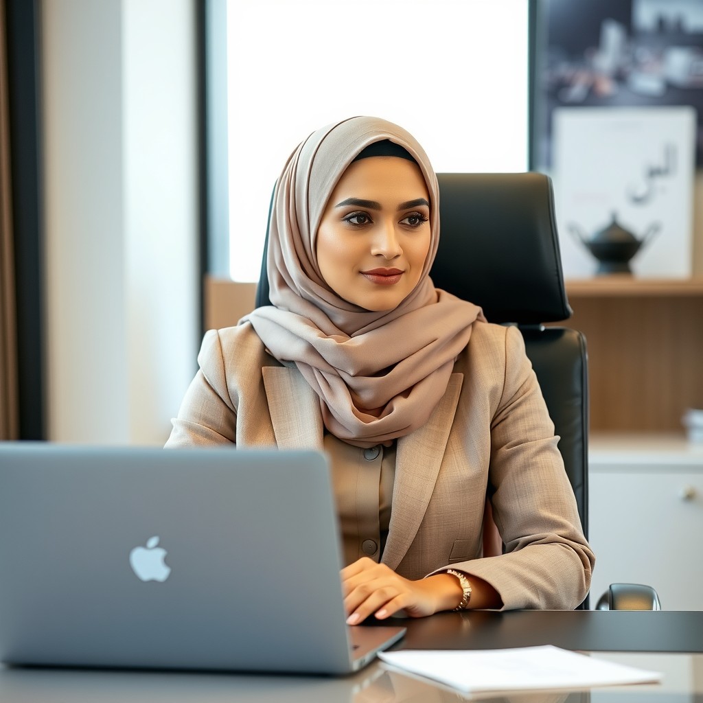A professional Pakistani woman in her 30s, wearing a stylish three-piece suit in neutral colors
