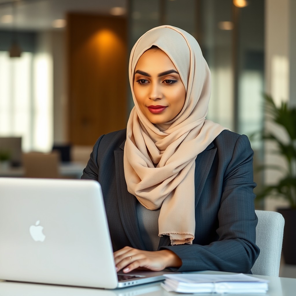 A beautiful 30-year-old Pakistani woman in a corporate setting, wearing a neutral color scarf covering her head
