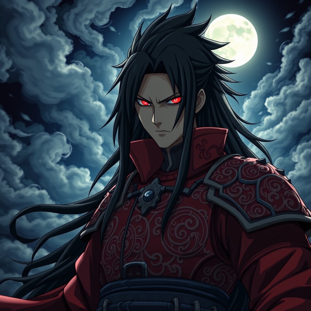 A powerful and striking character inspired by Madara Uchiha from the anime Naruto, depicted with long, flowing black hair and a menacing yet regal expression