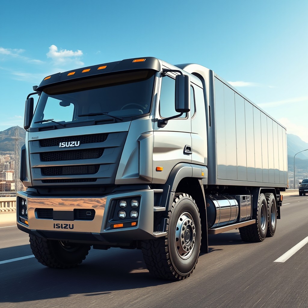 A detailed and realistic rendering of a 2025 Isuzu super-duty truck, known as a 'tractomula súper brigadier'