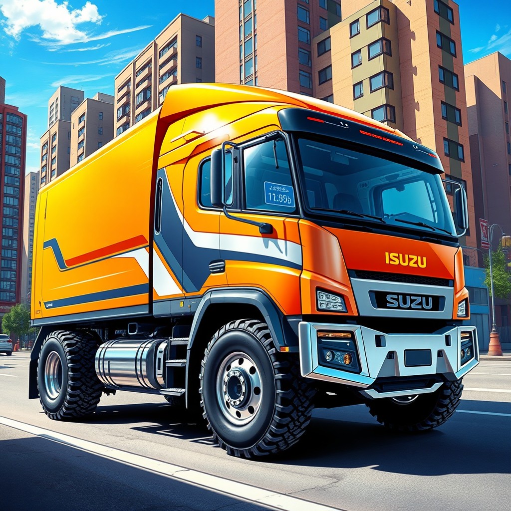 A detailed illustration of a futuristic 2025 Isuzu super brigadier truck (tractomula), showcasing its powerful and sleek design