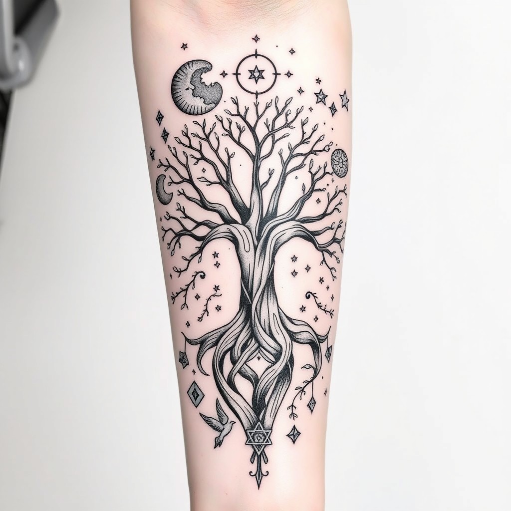 A beautifully intricate tattoo design for the left forearm, featuring elements inspired by nature and mythology