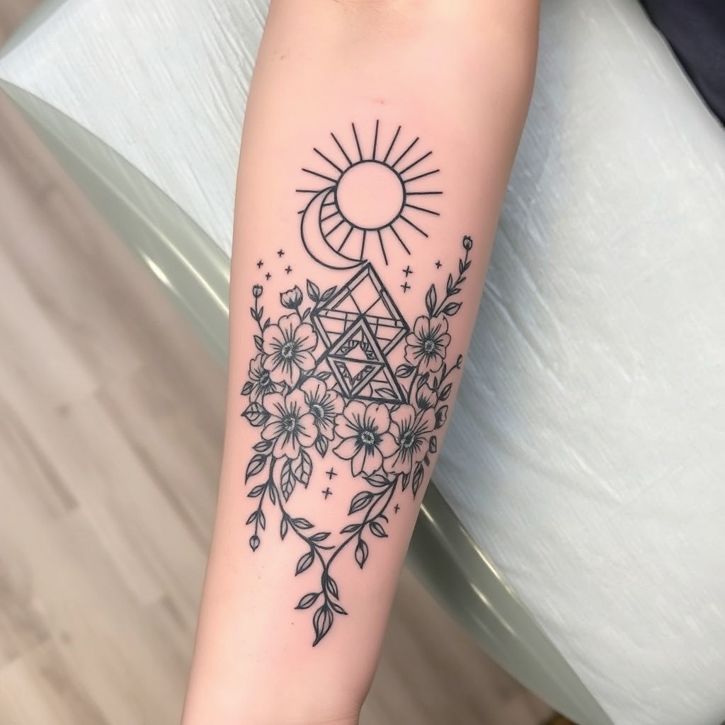 A detailed tattoo design on the left forearm, inspired by themes of nature and spirituality