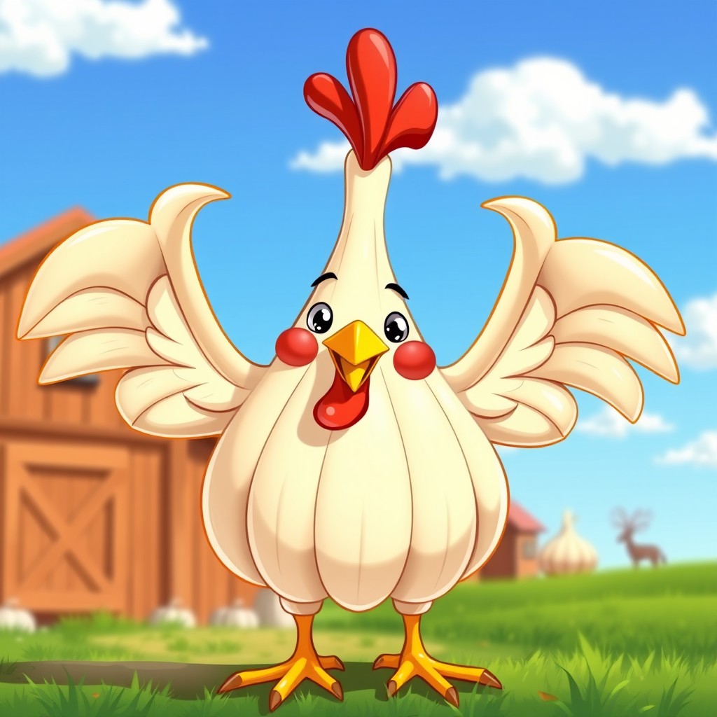 A whimsical cartoon chicken with a body made entirely of garlic cloves, with a cheerful expression and vibrant colors