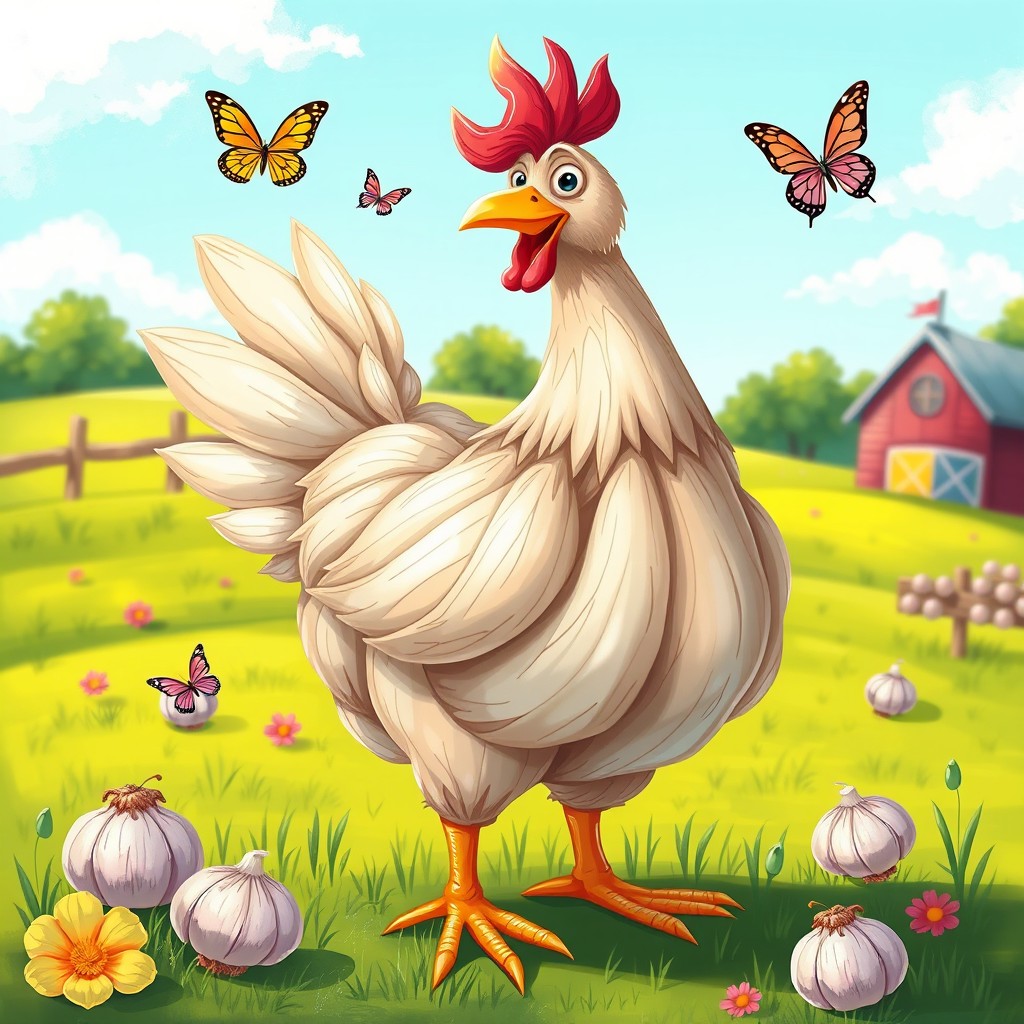 A whimsical and surreal illustration of a chicken with a body made entirely of garlic cloves, the garlic body appearing textured and realistic with the characteristic papery skins and bulbous shapes of garlic, set in a colorful farmyard background with bright green grass and a clear blue sky