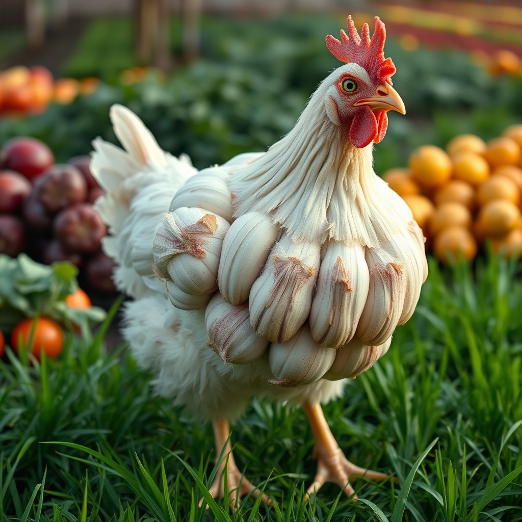 A surreal depiction of a chicken whose body resembles a head of garlic, complete with textured garlic skin and cloves