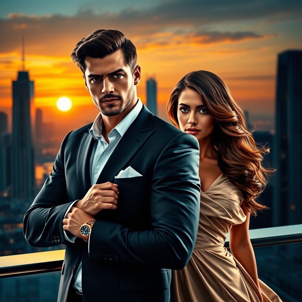 A sophisticated and captivating scene featuring a handsome man in a sharp suit and a stunning woman by his side