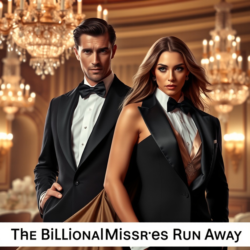 A stylish and elegant scene of a man in a tailored tuxedo and a woman in a stunning evening gown, looking sophisticated and glamorous