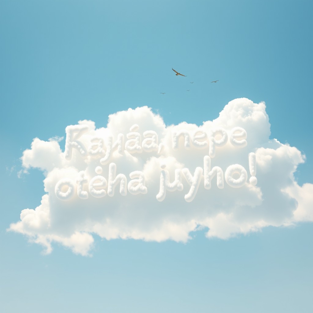 A beautiful sky filled with fluffy, white clouds shaped into the words "Даша, мне очень нужно!" written in a playful and whimsical style