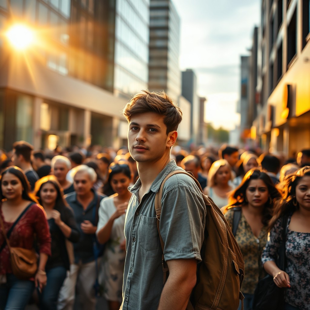 A young man walking against the flow of a bustling crowd in a city street, capturing the dynamic energy of the scene