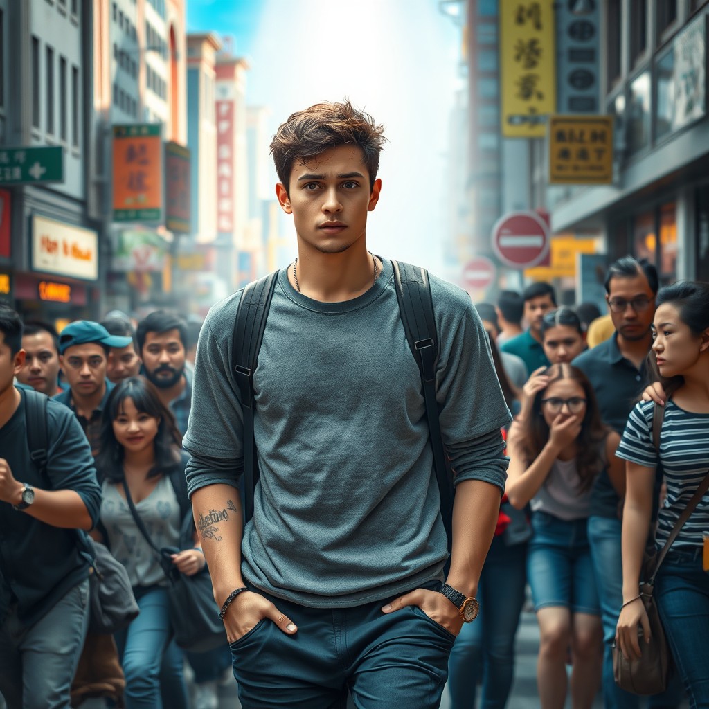 A young man walking against the flow of a bustling crowd, showcasing realistic details in a vibrant urban setting