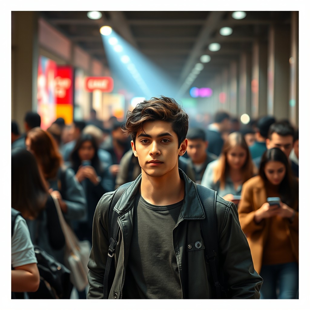 A young man walking against the crowd, with realistic details emphasizing his individuality