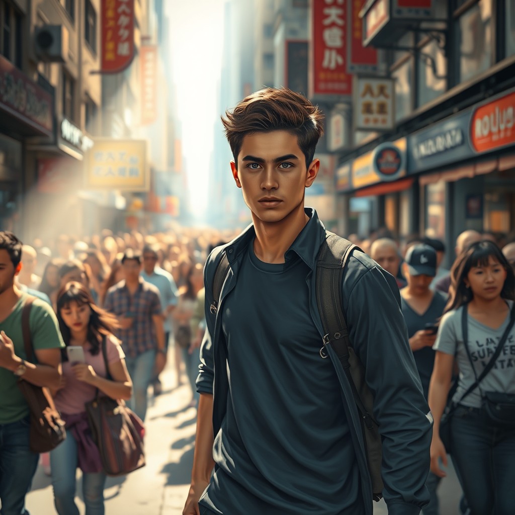 A realistic depiction of a young man confidently walking against the flow of a bustling crowd in an urban setting