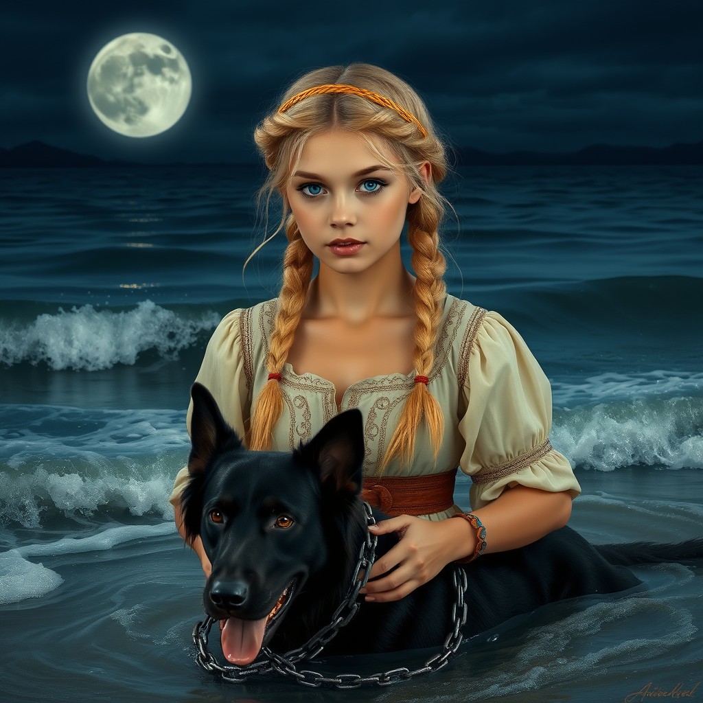 Midnight at a tranquil lakeshore, featuring a young woman with light blonde hair set in a thick braid, embodying ancient Slavic times