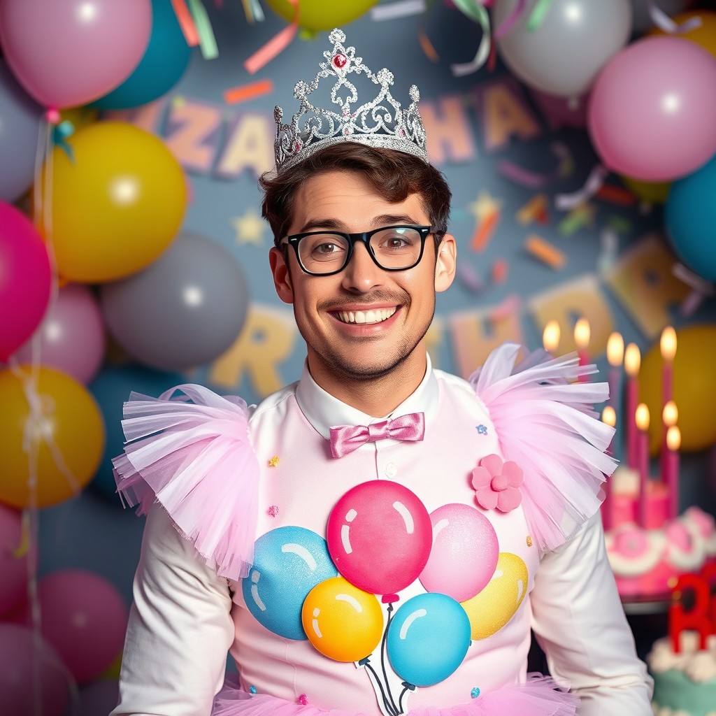 A man dressed in a whimsical birthday princess outfit, featuring a sparkling tiara, vibrant balloon-themed dress, and playful accessories