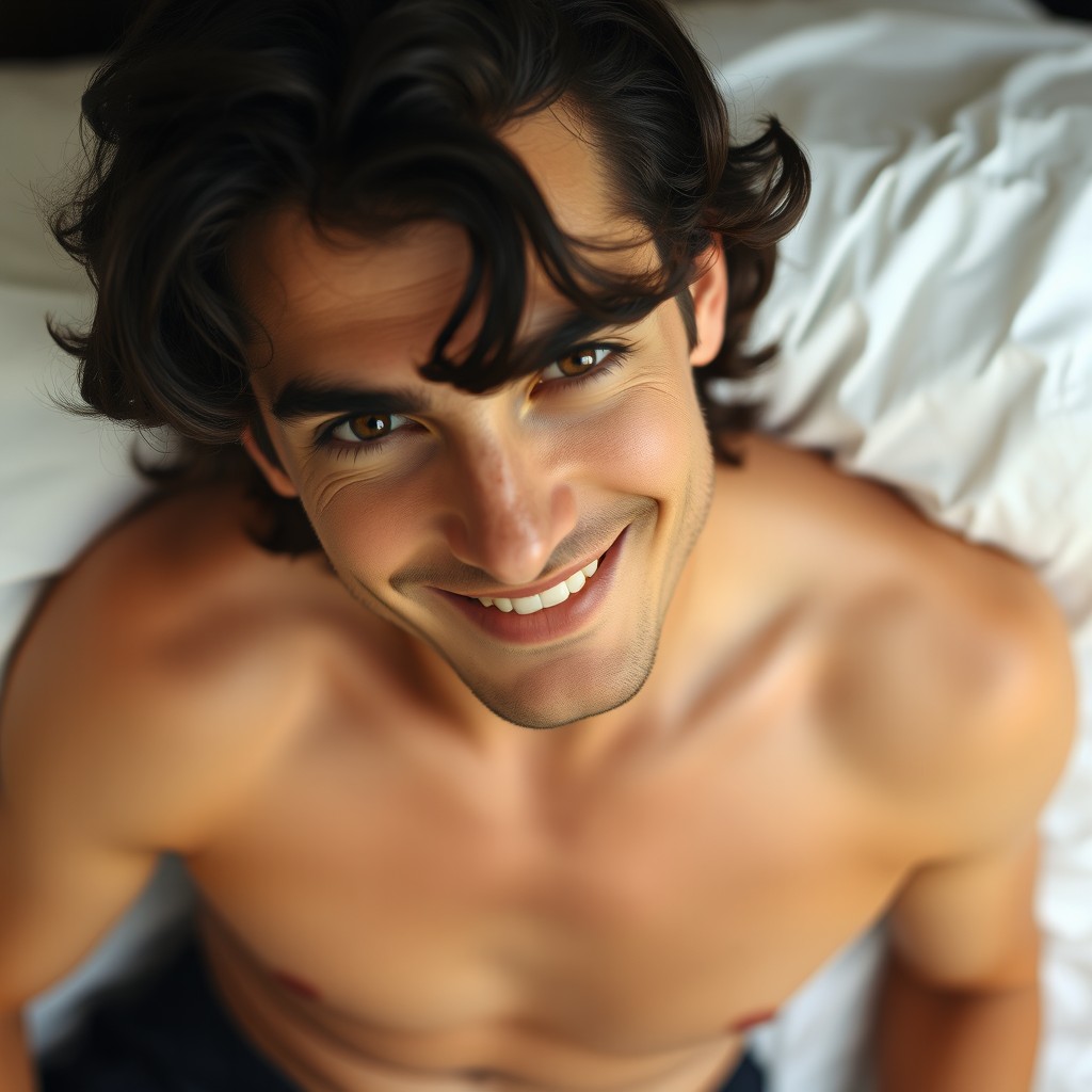 A dark-haired man with slightly curly hair and a cunning smile, his heavy eyelids giving him a relaxed look