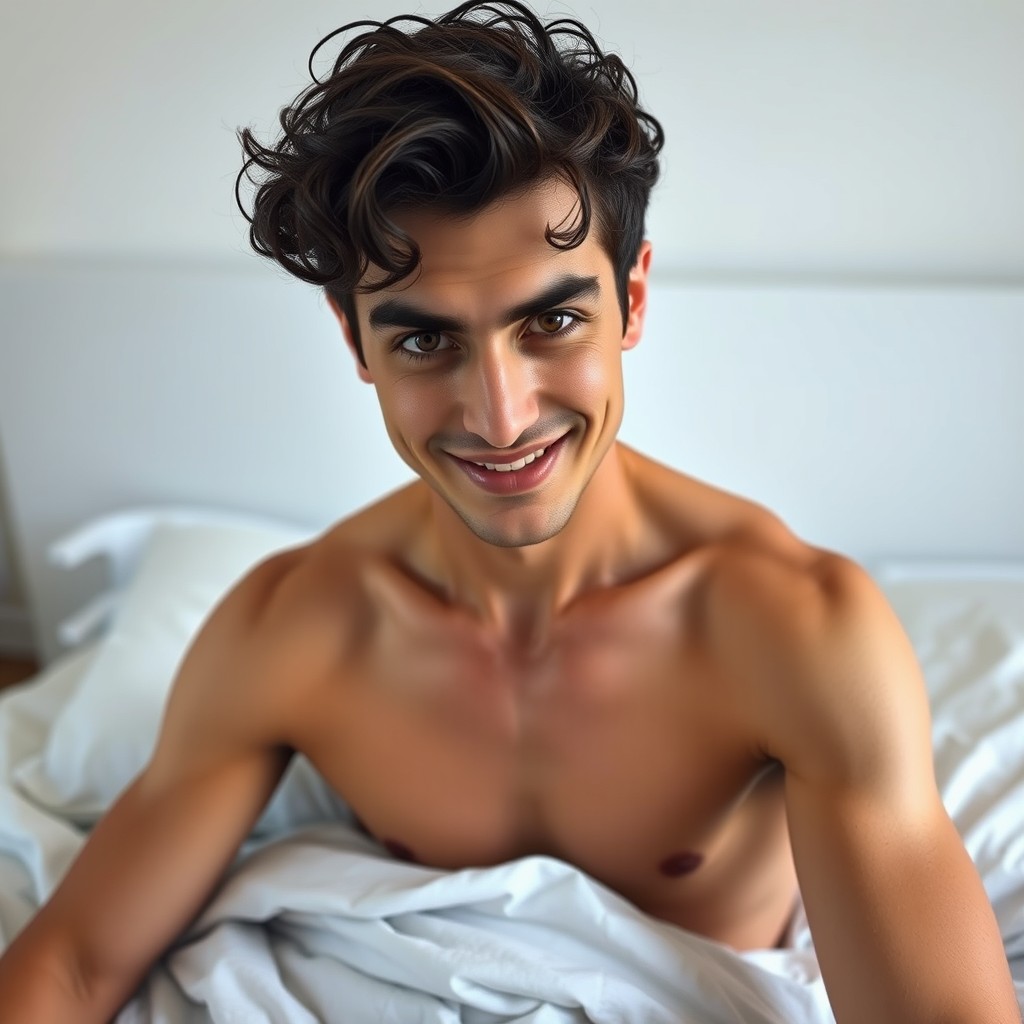 A man with dark, slightly curly hair and a cunning smile, sitting casually on a white bed