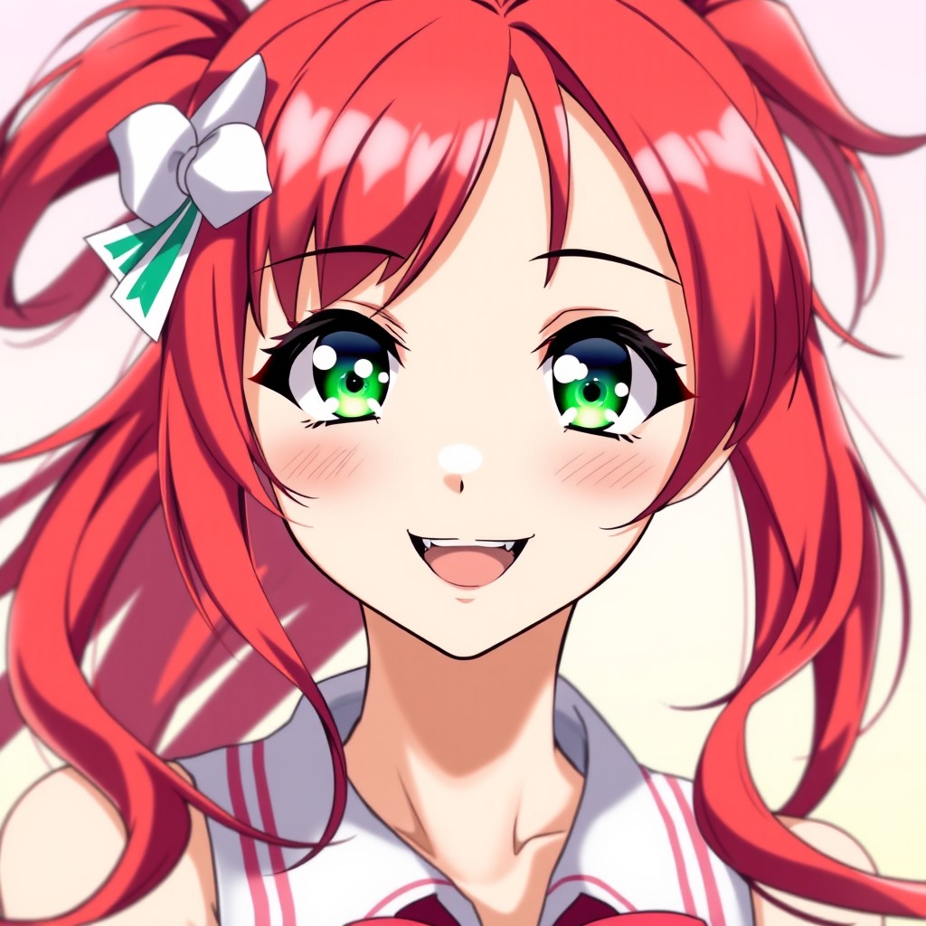 A stunning anime girl with vibrant red hair and captivating green eyes, shown from the waist up