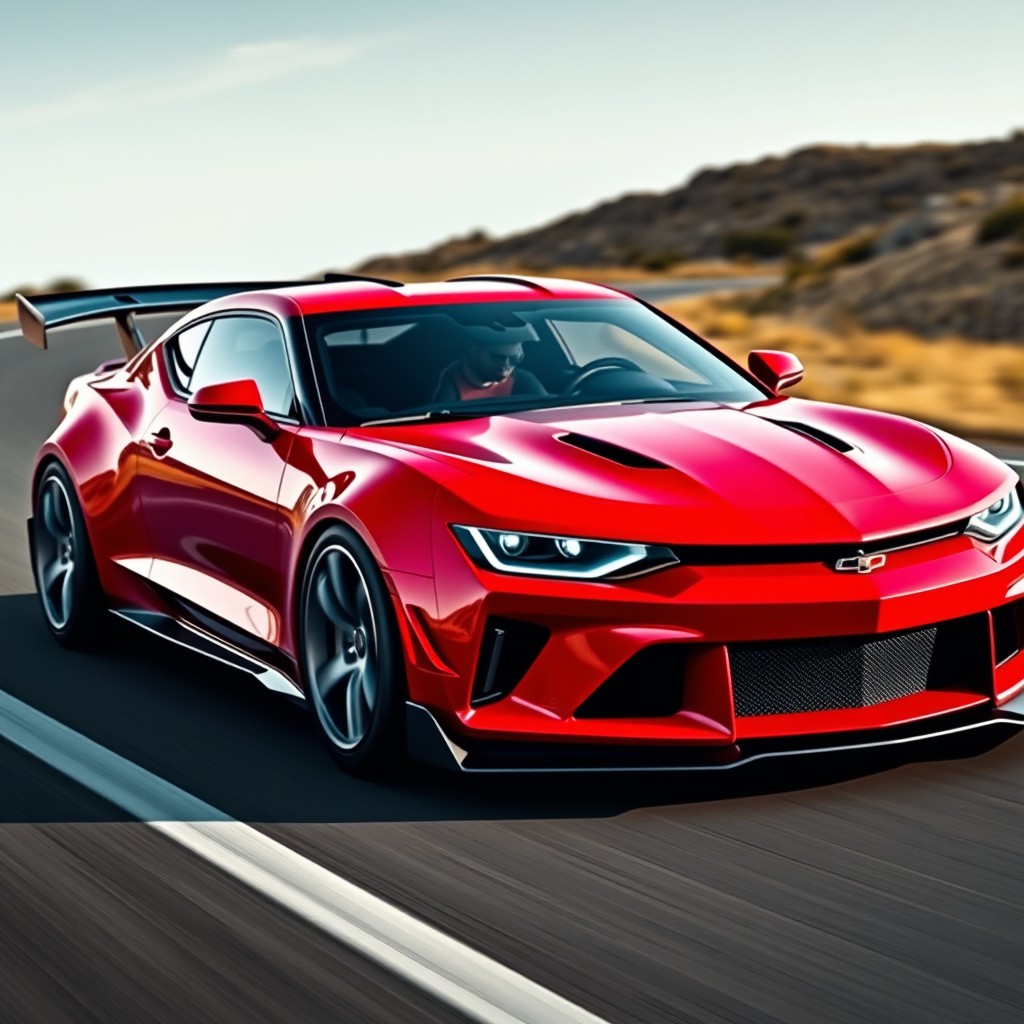 A striking sports coupe car featuring an impressive rear spoiler, designed to catch the eye with its sleek lines and dynamic shape