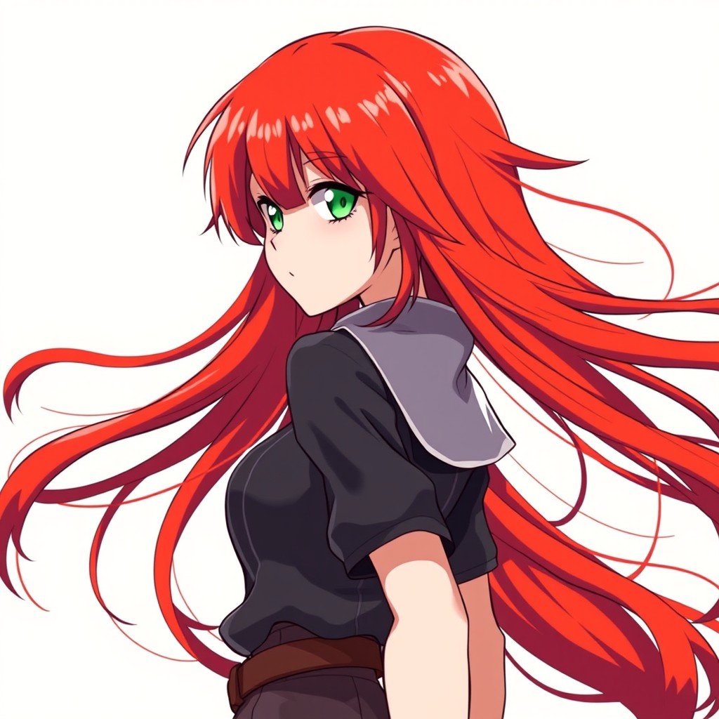 A striking red-haired anime girl depicted from the waist up, characterized by her vivid red hair and bright green eyes