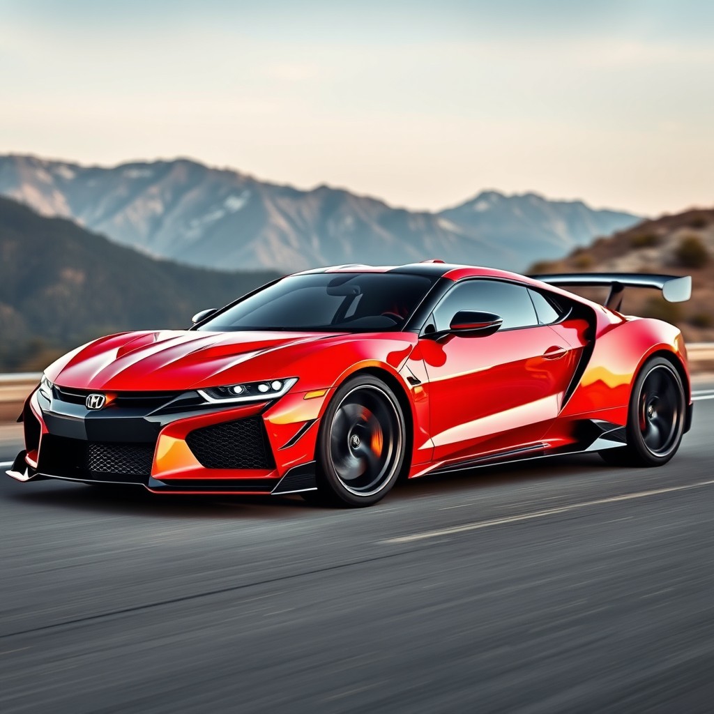 A stunning sports coupe car with an eye-catching aerodynamic design, featuring a prominent rear wing spoiler