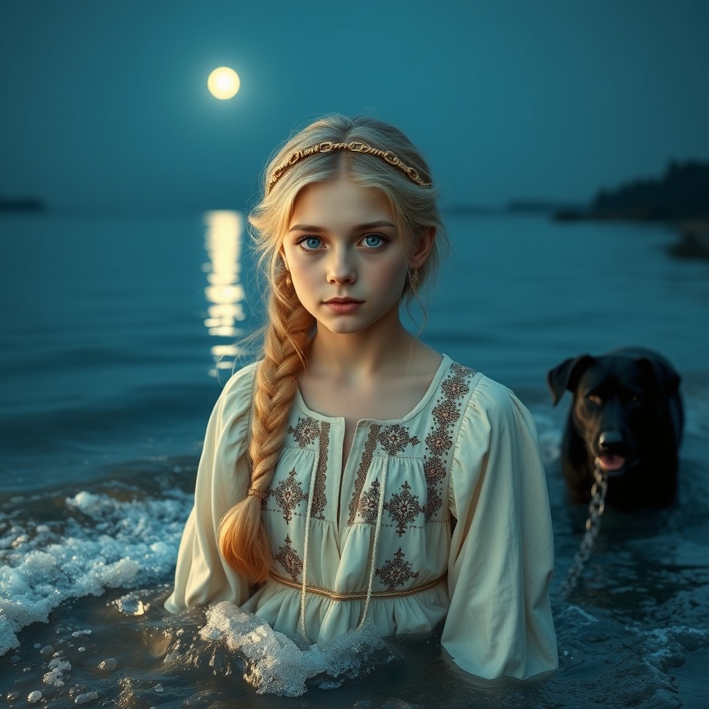 Midnight at a serene lakeshore, featuring a young woman with light blonde hair styled in a thick braid, dressed in a light-colored Slavic dress adorned with traditional patterns