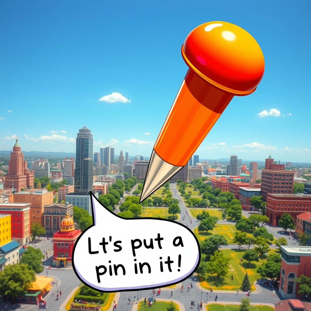 A whimsical and playful concept showing a giant pushpin hovering over a vibrant cityscape