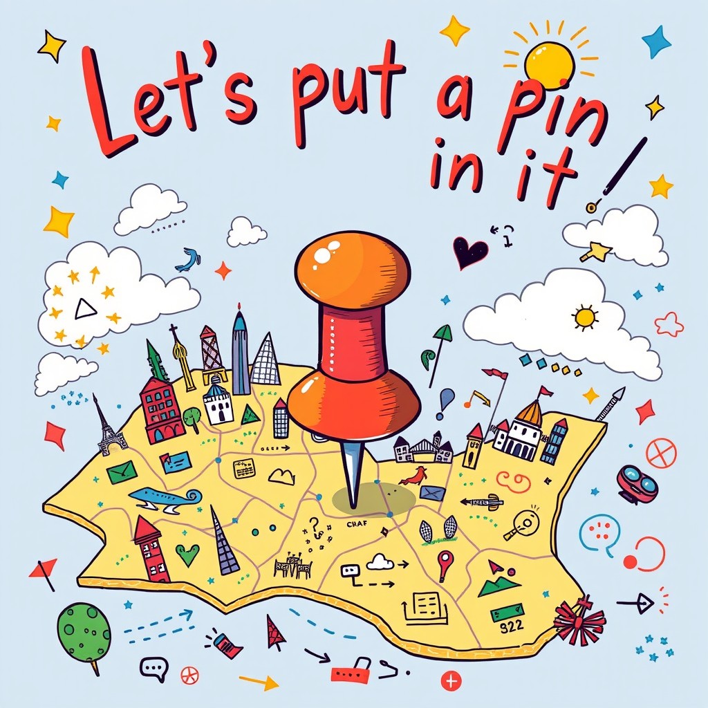 A whimsical, colorful illustration depicting the phrase 'Let's put a pin in it'
