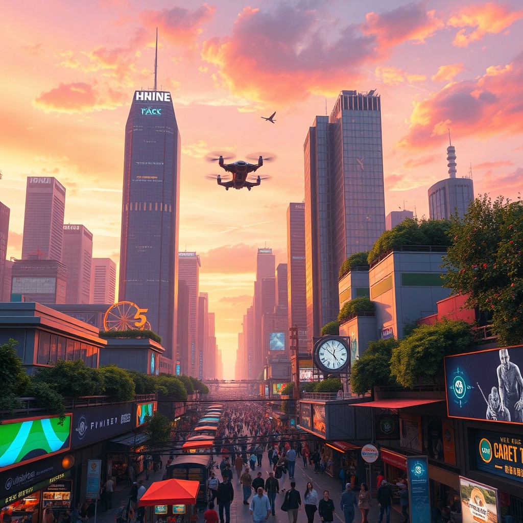A futuristic city skyline at dusk with tall skyscrapers, neon lights shimmering, flying vehicles hovering between buildings, and lush greenery on rooftops