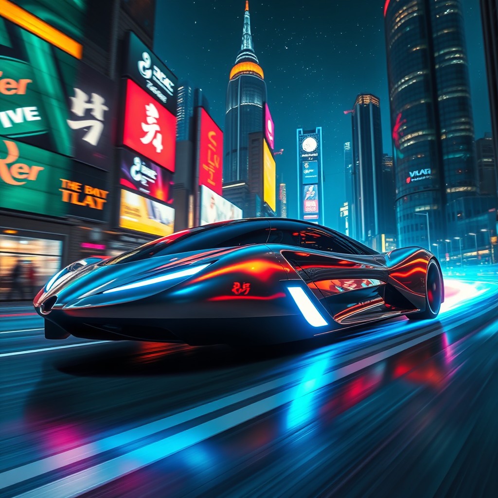 A sleek, futuristic vehicle with smooth, aerodynamic lines racing through a neon-lit cityscape at night