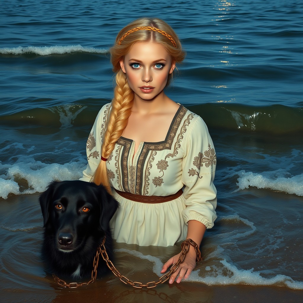 Midnight at a picturesque lakeshore, depicting a woman with light blonde hair styled in a long, thick braid, dressed in traditional Slavic attire