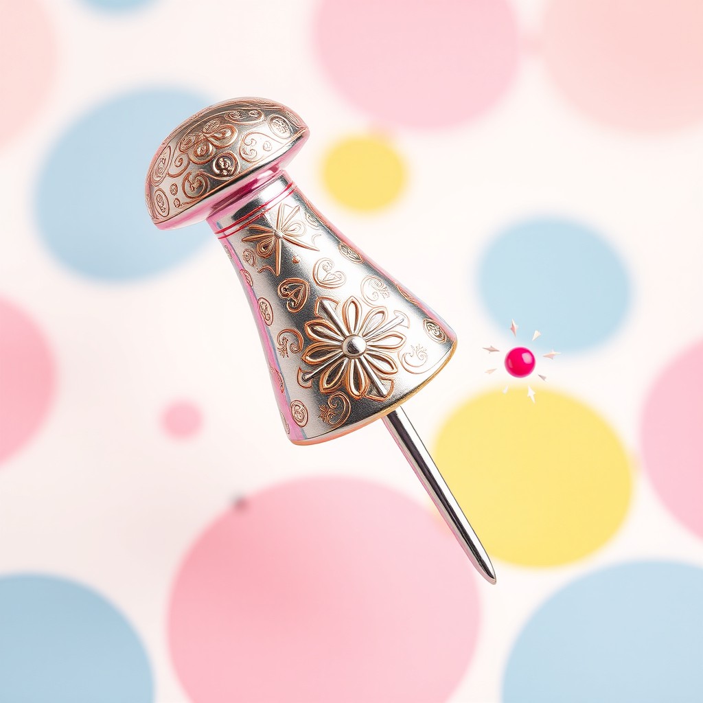 A large, colorful, decorative push pin set against a whimsical background