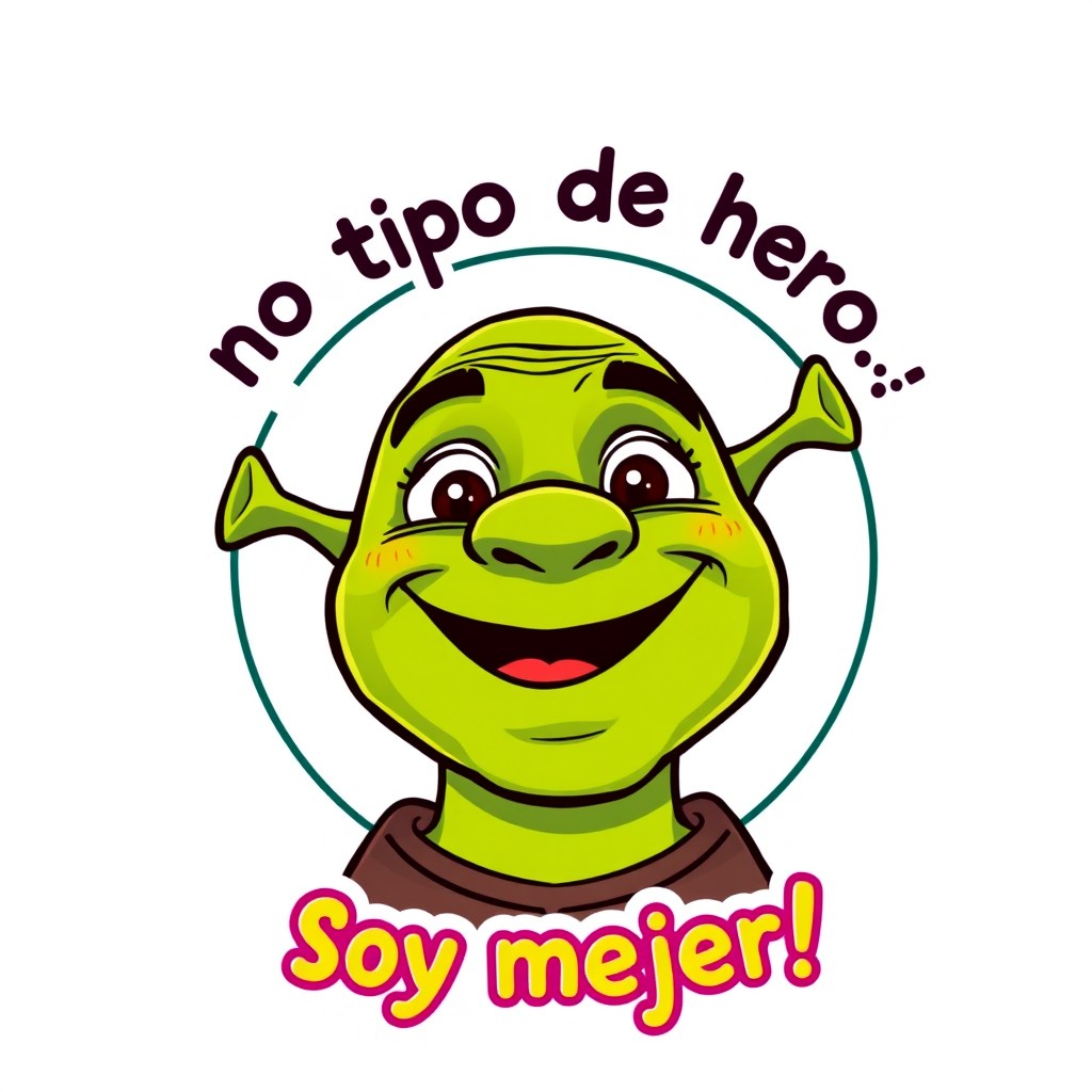 A cartoon-style logo featuring a friendly, whimsical Shrek character with a playful expression, saying the phrase "no soy tu tipo de héroe